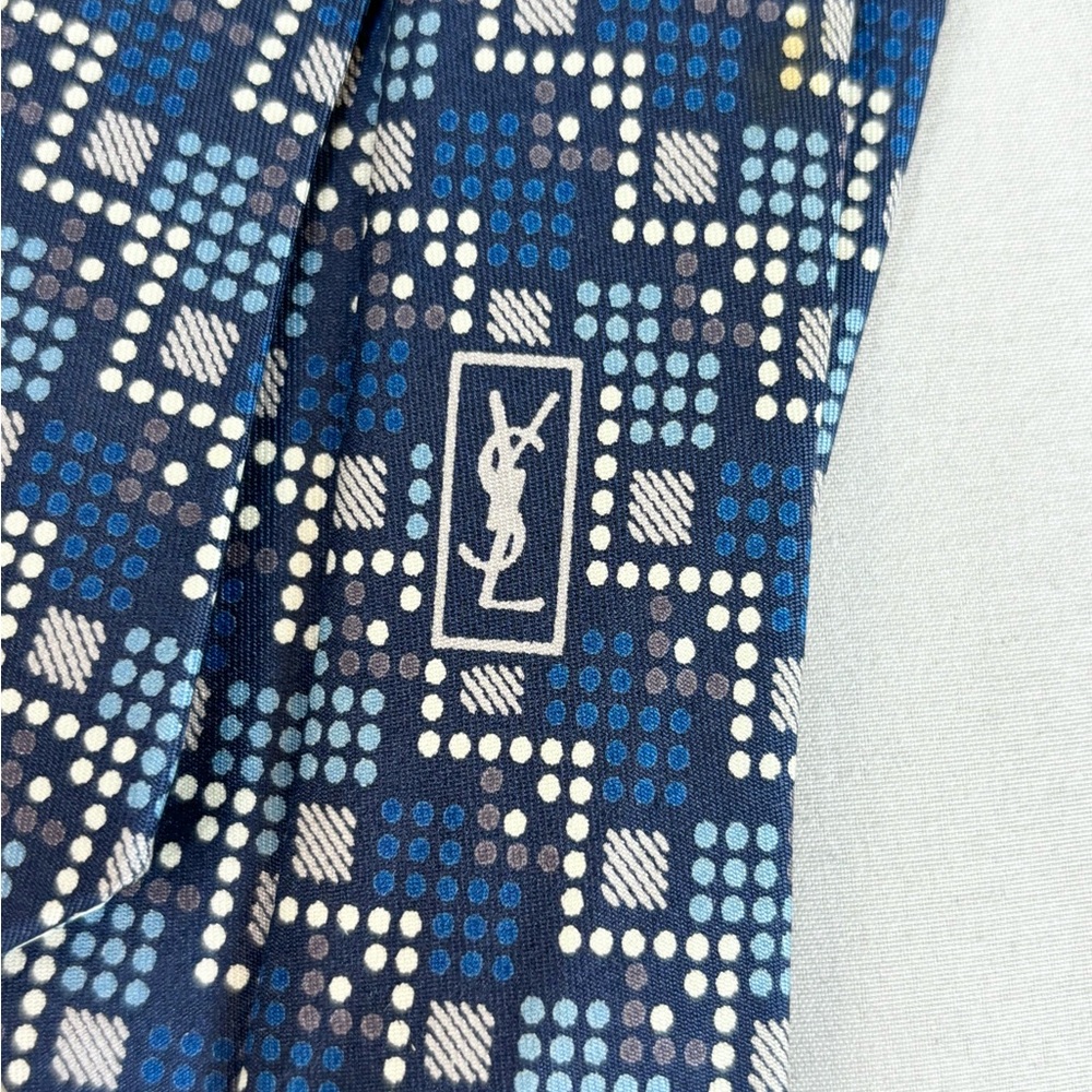Vintage Yves Saint Laurent Silk Necktie Blue Geometric Print 1980s - Picture 3 of 8